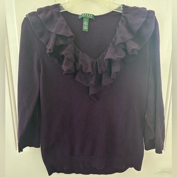 Lauren Ralph Women’s Deep Purple Ruffle Sweater Top Size Large - Picture 4 of 8